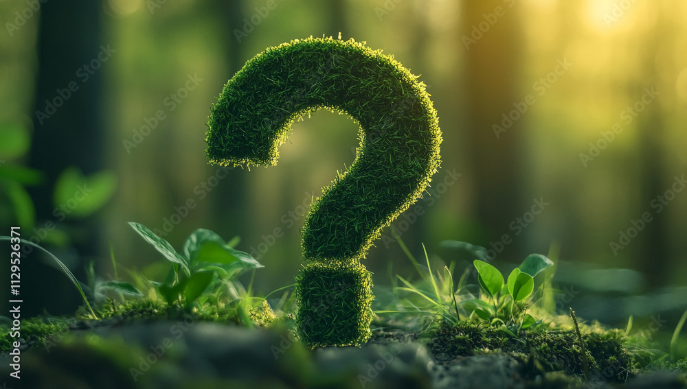 Poster moss-covered question mark stands in a sunlit forest setting, surrounded by lush greenery and soft l