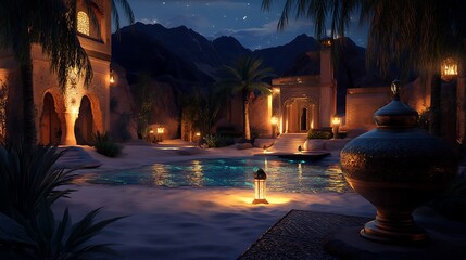 Nighttime Oasis Desert Palace Illuminated By Lanterns