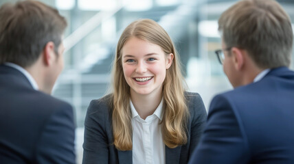 Schülerin im Bewerbungsgespräch mit Geschäftsleuten