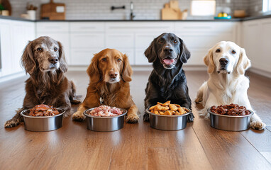 Group of Adorable Dogs Sitting Beside Food Bowls in a Bright Modern Kitchen for Pet and Lifestyle Themes