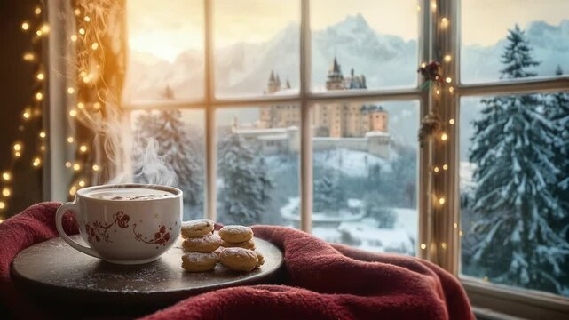 Cup hot chocolate on table next to small holiday cookie window decorated with Christmas garland. Outside window are winter mountains and hotel in shape castle. New Year's holiday vacation concept.