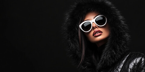 A fashionable woman in sunglasses and a black winter coat on a black background, copy space	