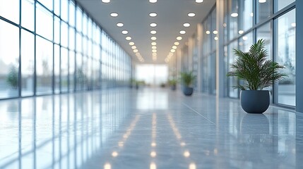 Modern corridor with large windows and plants showcasing natural light and tranquil atmosphere