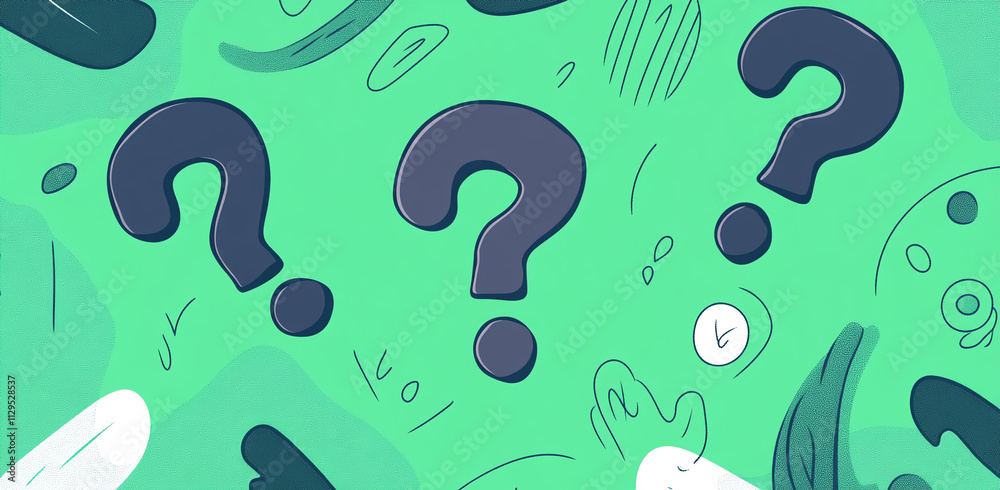 Poster Colorful background featuring question marks and abstract shapes creates a playful atmosphere