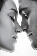 Obraz premium Close-up grayscale image of couple's faces, eyes closed, about to