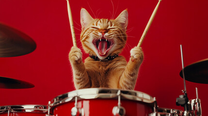 Funny Cat Playing Drums  Red Background  Musical Pet  Kitten Drummer  Cute Animal