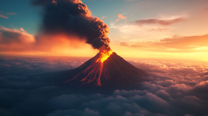 Fototapeta premium Erupting Volcano at Sunset Dramatic Aerial View