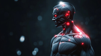 Naklejka premium image of muscles with glowing red pain points, symbolizing trigger point discomfort