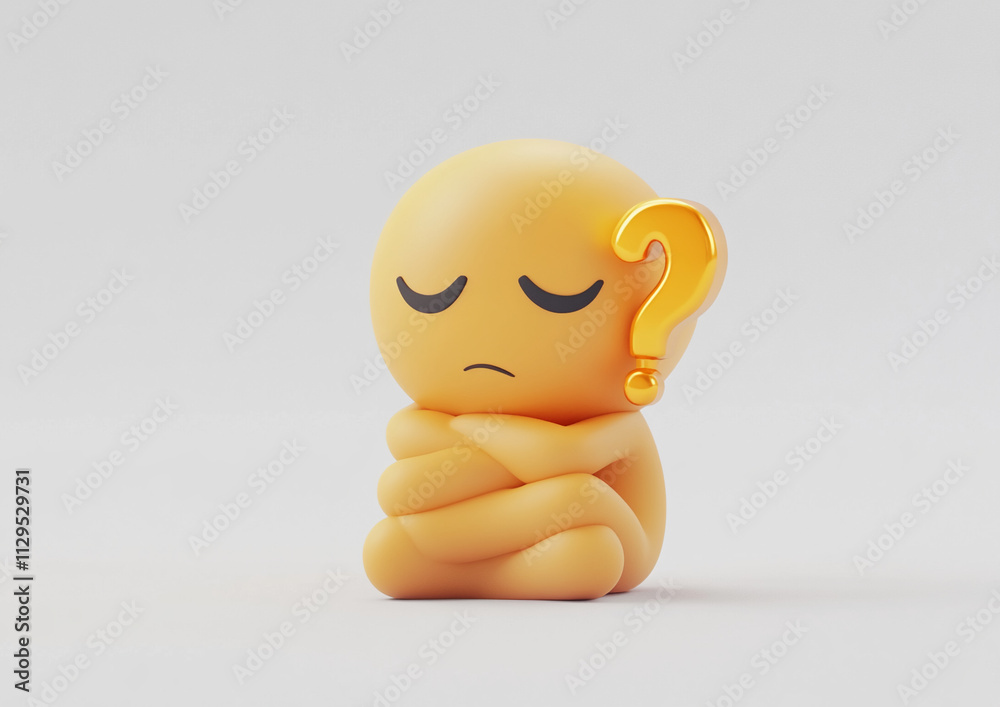 Poster thoughtful yellow figure with a question mark pondering a mystery or decision in a simple, minimalis
