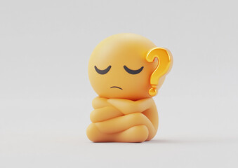 Thoughtful yellow figure with a question mark pondering a mystery or decision in a simple, minimalist setting