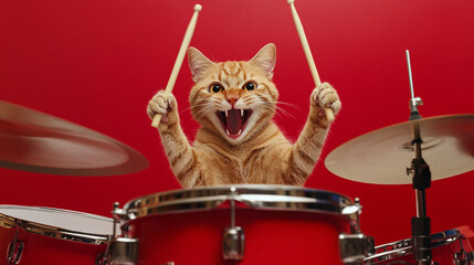 Fototapeta premium Funny Cat Drummer Red Background Musical Pet Drums Cymbals Playful Kitty