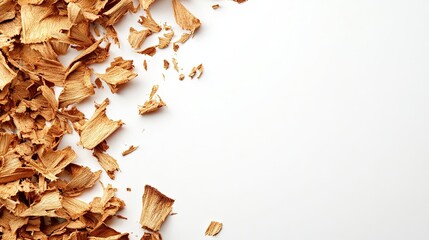 Scattered wood shavings on white background.