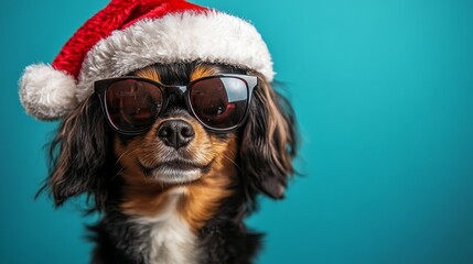 Cool Santa Dog Wearing Sunglasses & Santa Hat