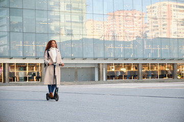 Latin woman on scooter in modern cityscape with urban style