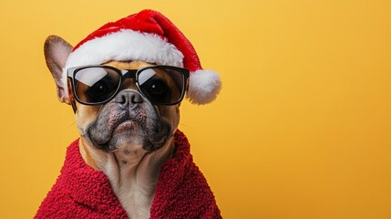 Cool Santa Dog Wearing Sunglasses & Santa Hat