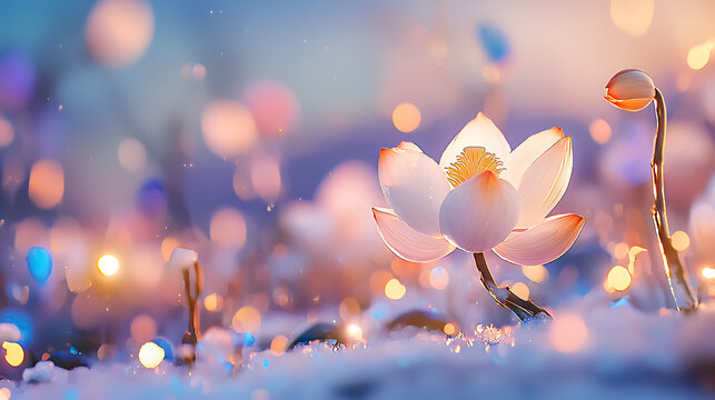 dreamy photograph of snow lotus, Saussurea involucra, surrounded by soft bokeh lights, creating serene atmosphere