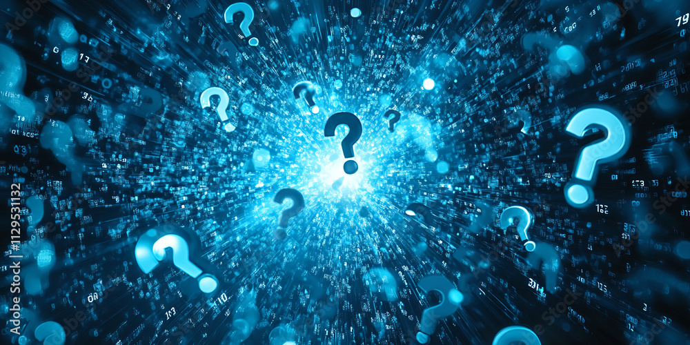 Aufkleber Digital abstract background featuring floating question marks and glowing blue orbs in a futuristic space