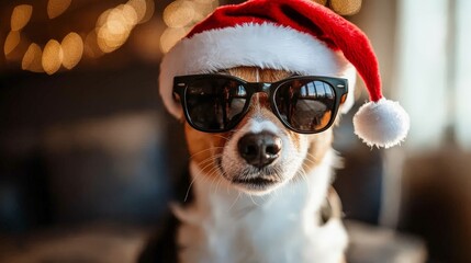 Cool Santa Dog Wearing Sunglasses & Santa Hat