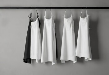 Fototapeta premium Simple and elegant black and white aprons hanging on hooks, domestic work, apron strings