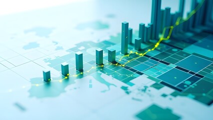Economic growth visualization with rising bar graphs on global map for financial analysis