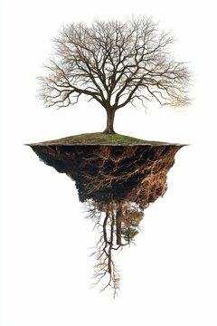 Leafless tree, floating island, exposed roots, inverted reflection.