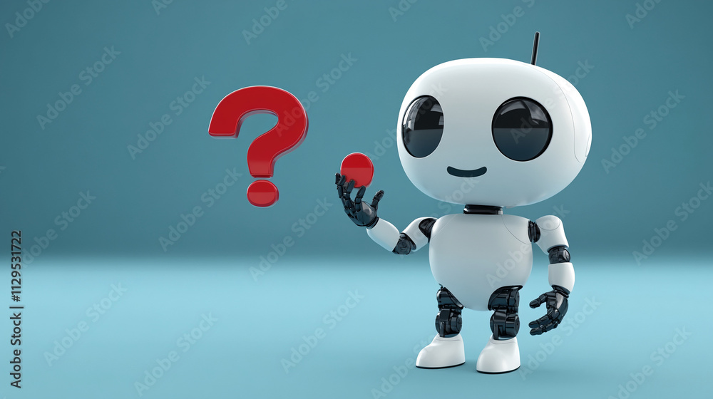 Poster Robot holding a red ball and looking at a red question mark in a minimalist blue background