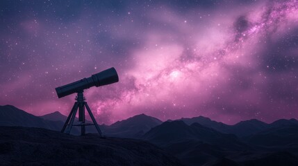 Telescope on a tripod overlooking a vast landscape of mountains. the sky is filled with a beautiful pink and purple galaxy, with stars twinkling in the background.