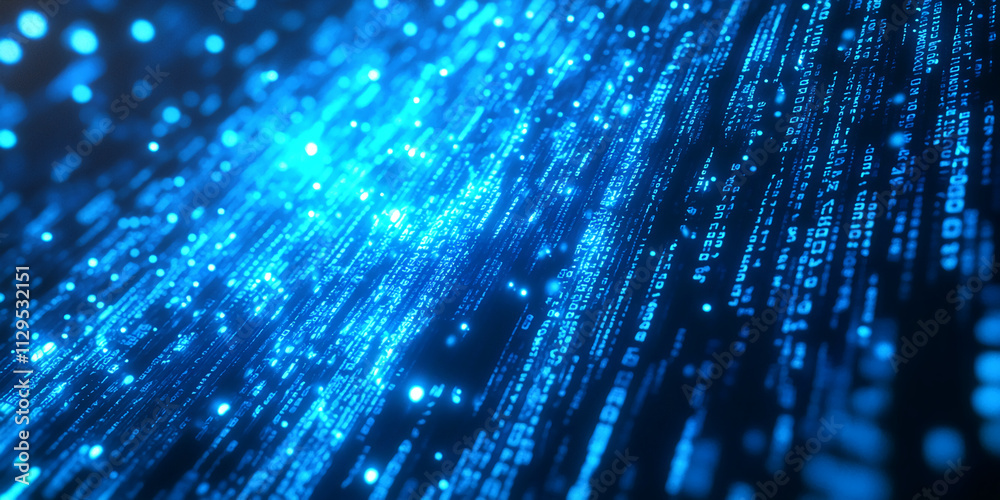 Poster dynamic blue light particles flowing through a digital landscape during a futuristic display