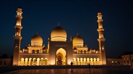  A close-up of a beautifully illuminated mosque at night, with intricate architectural details highlighted by soft lighting