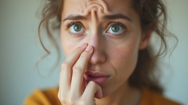 A close-up of a woman looking puzzled while holding her nose, as if trying to identify a phantom smell