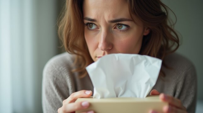 A close-up of a woman looking worried while holding a tissue box, indicating her struggle with anosmia due to COVID-19