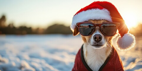 Cool Santa Dog Wearing Sunglasses & Santa Hat