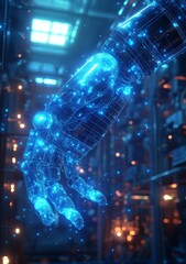 Fototapeta premium Industrial robot arms glowing with digital data and lines in the background showing a factory floor.