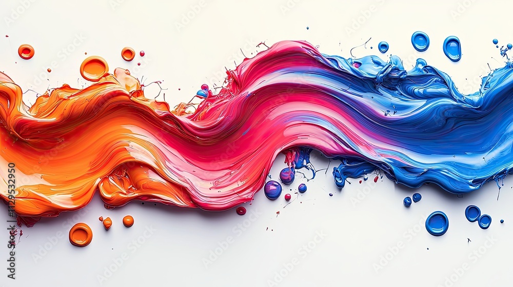 Poster vibrant paint swirl creating dynamic color flow and texture on a white background with splashes