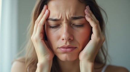 Naklejka premium A close-up of a woman holding her forehead with a pained expression, indicating discomfort from a sinus infection