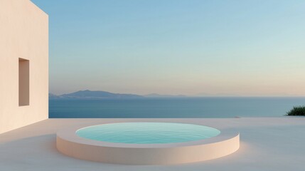 Fototapeta premium Beautiful view of the ocean from a rooftop. the sky is a clear blue and the horizon is visible in the distance. the ocean is a deep blue-green color and the water is calm and still.