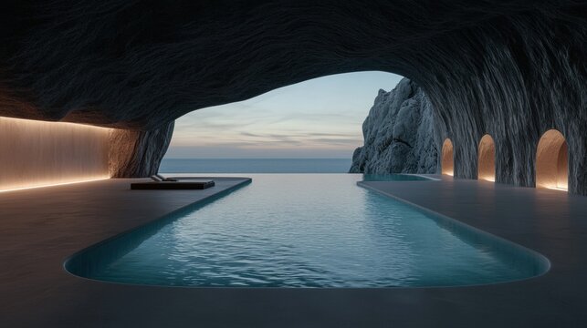 Long, narrow swimming pool in the middle of a cave-like structure. the pool is rectangular in shape and is filled with crystal clear blue water.