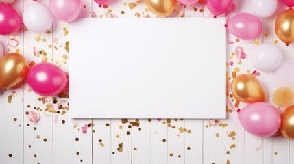 Illustration of glossy rose gold, pink balloons and white paper on pink background. Empty space for birthday, party, promotion social media banners, posters. 3d render realistic balloons