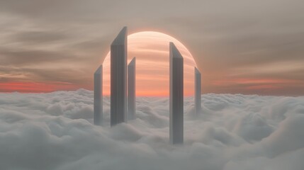 Group of tall skyscrapers standing in the middle of a vast sky filled with fluffy white clouds. the sky is a beautiful orange and pink color, with the sun setting in the background.