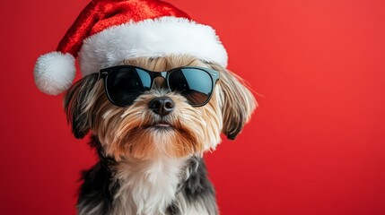 Cool Santa Dog Wearing Sunglasses & Santa Hat
