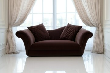 An inviting plush brown loveseat centers a spacious room adorned with tall windows and flowing white curtains, creating an air of elegance and comfort.