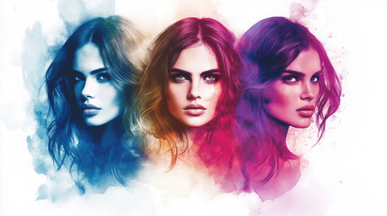 Obraz premium Triple female portraits in vibrant blue, pink, and purple tones