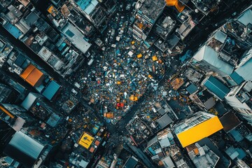 Fototapeta premium Aerial view of a densely packed urban area filled with buildings and a vibrant mix of colors, showcasing the complexity of city life.