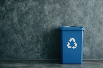 Waste bin with emblem near a wall