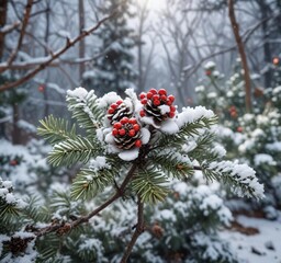 Snowy withered flower with pine cones and berries in winter garden, garden, nature, pine cones, snow, withered flower