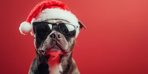 Cool Santa Dog Wearing Sunglasses & Santa Hat