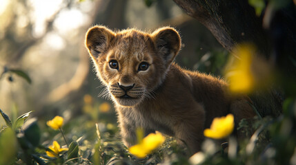 Baby lion is standing in a forest. The scene is bright and colorful, with a sense of adventure and...