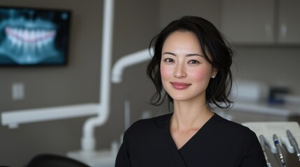 Portrait of a young woman standing in a dental office. she is wearing a black scrub top and has shoulder-length dark hair. she has a slight smile on her face and is looking directly at the camera.