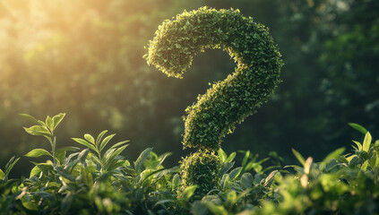 Green question mark formed from lush foliage in a serene outdoor setting during golden hour