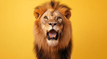 Lion with its mouth open and teeth showing. The lion is looking at the camera. The yellow...